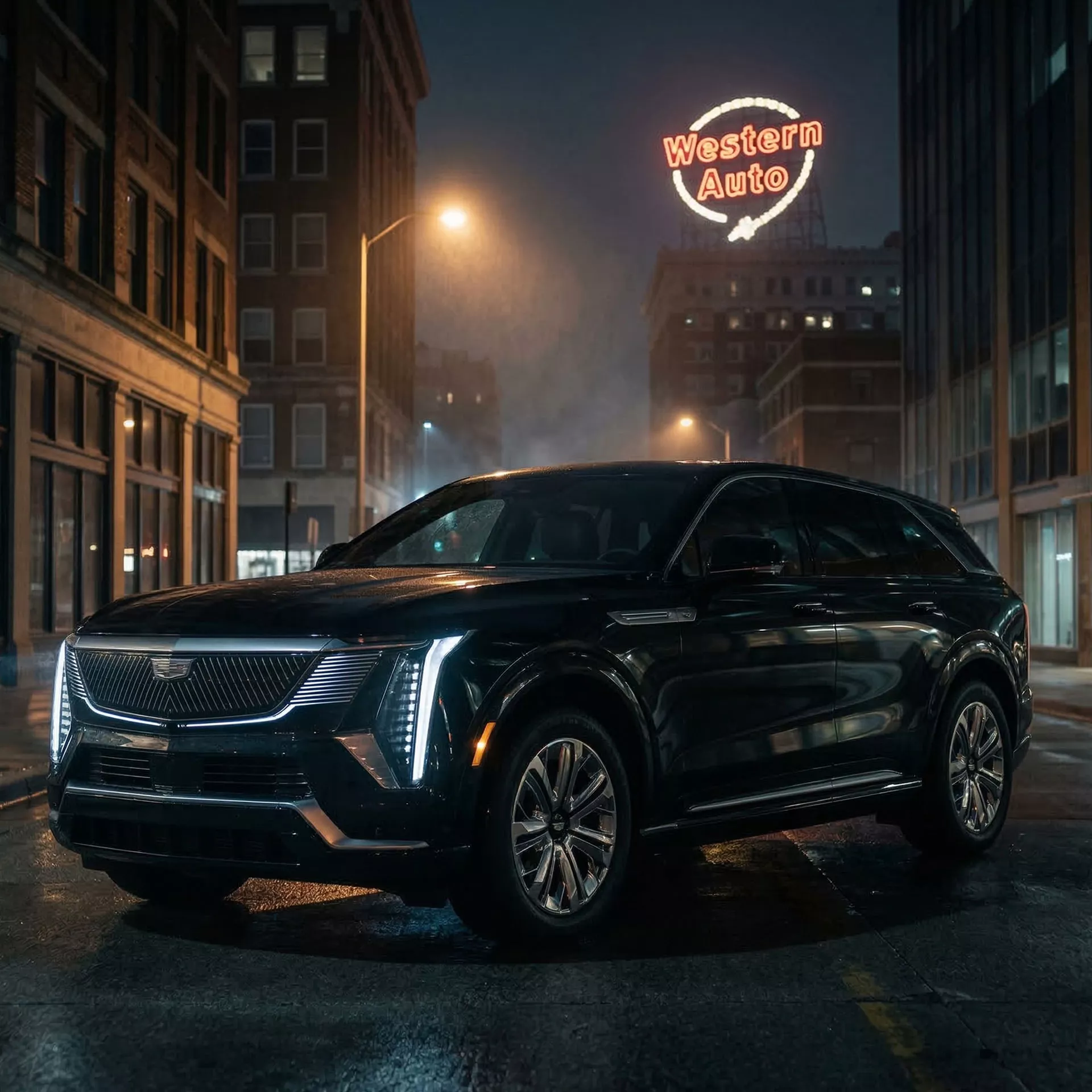 Cadillac Escalade IQ in downtown Kansas City at night for Ghost Carriage